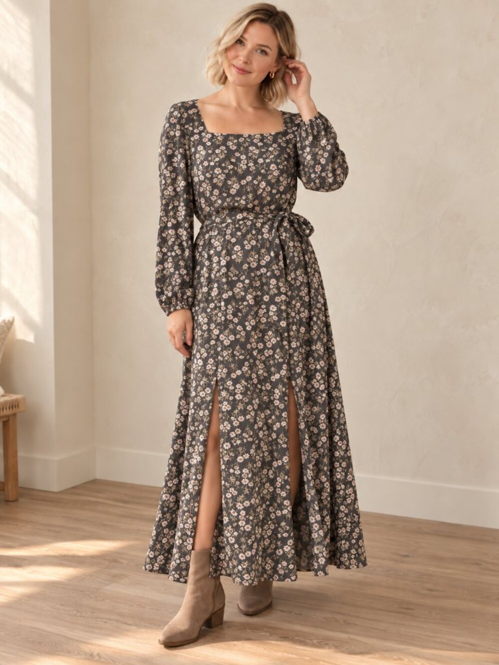 She + Sky Gray Floral Square-Neck Maxi Dress Large